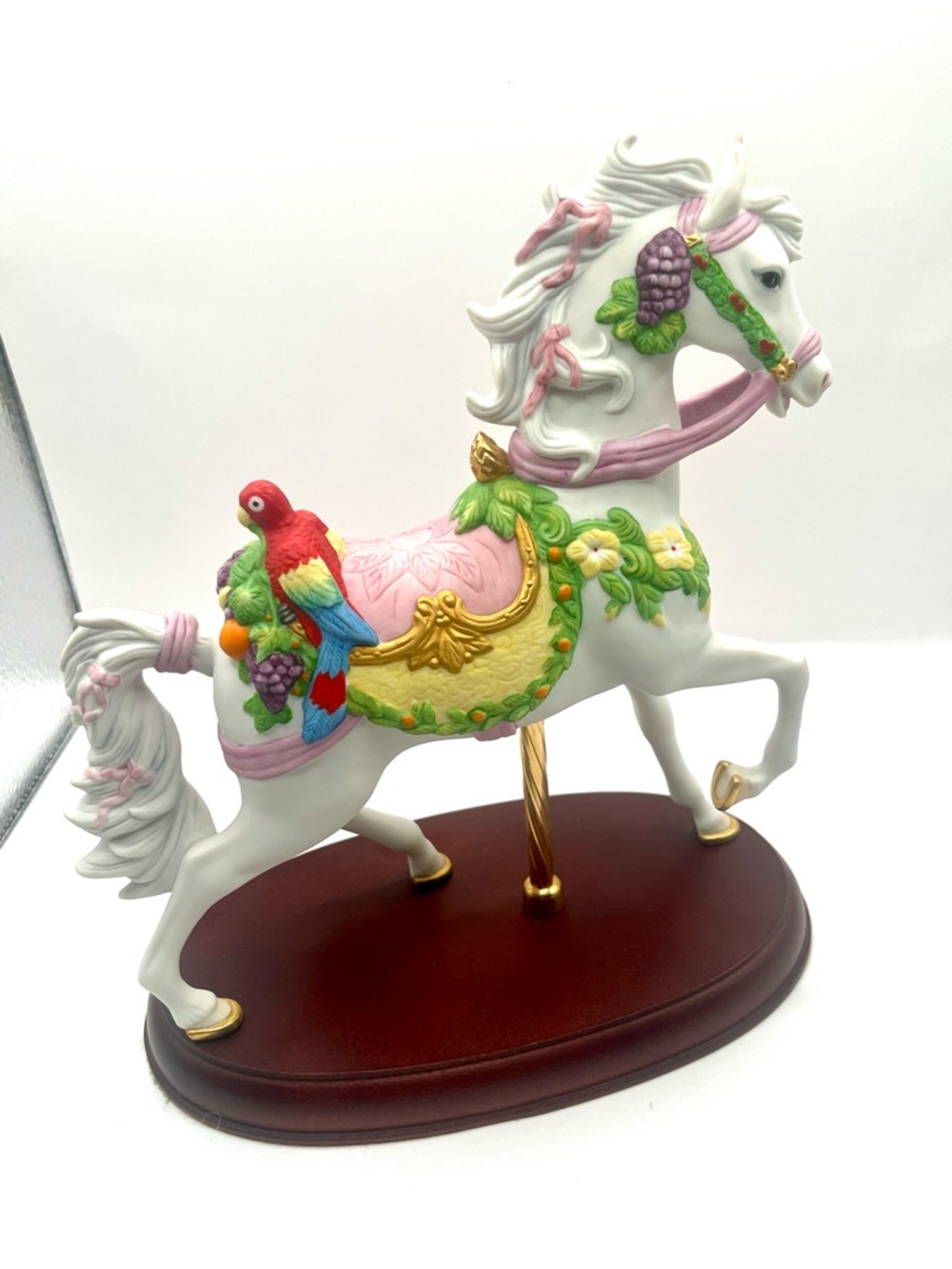 1992 LENOX Porcelain Tropical Theme Carousel Horse w/ Bird and Fruits Figurine